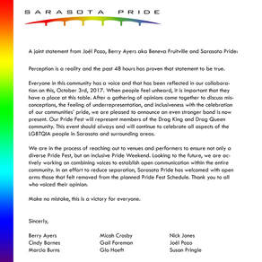 Sarasota Pride, Inc's joint letter about the Inclusion and Diversity of Pride